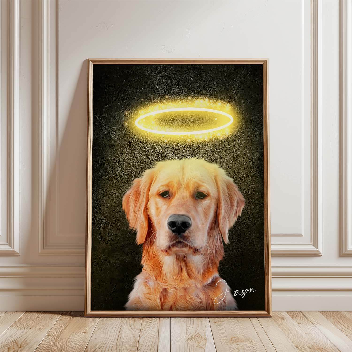 Hundeportrait personalisiert mit Heiligenschein
